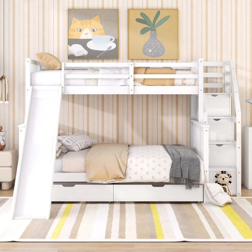 OKWISH Letto a Castello 90×200 cm e 140×200 cm, Letto 3 Posti con 2 Cassetti, Contenitore e Scivolo, senza Materasso, in Pino, Bianco