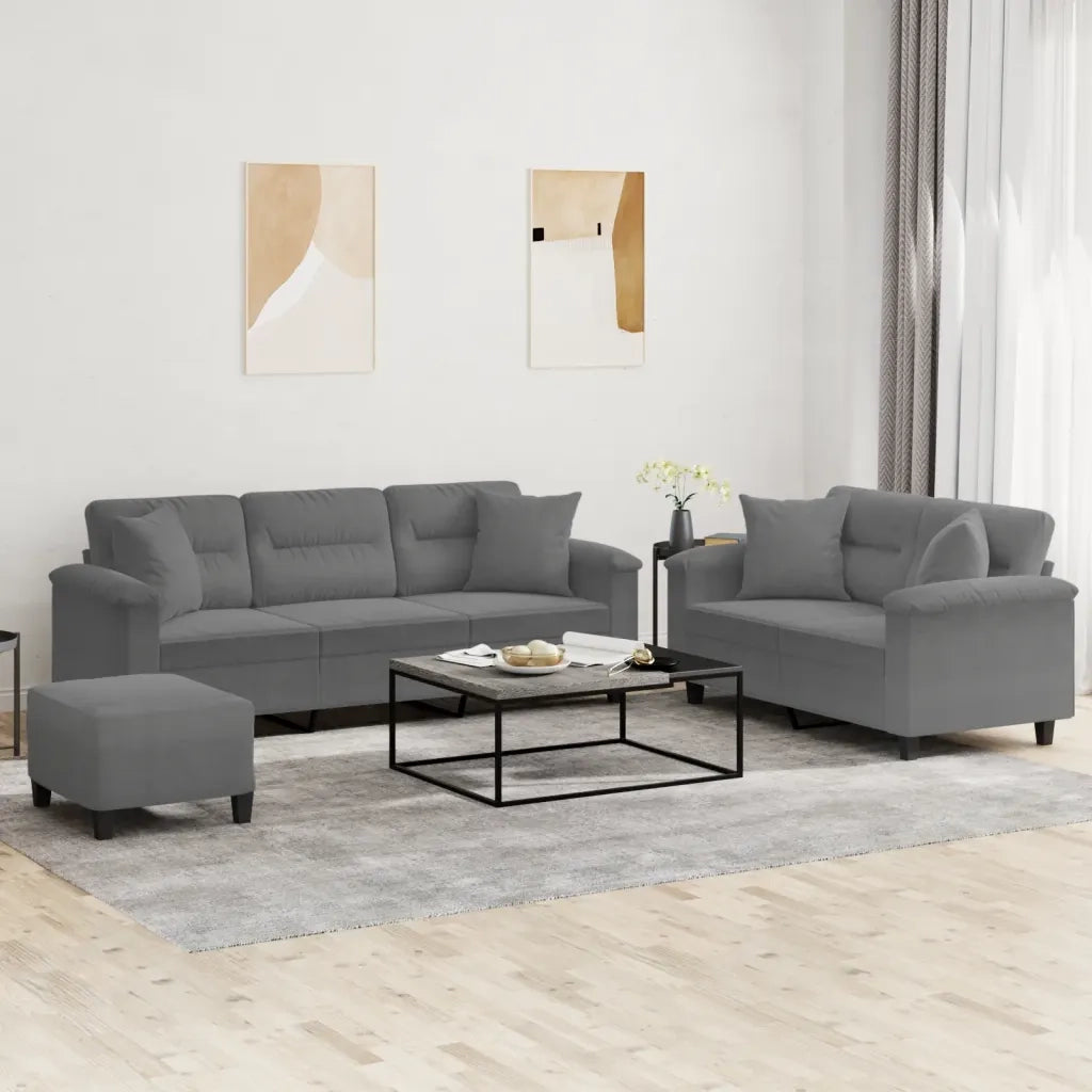 Set Divani 3 pz con Cuscini Grigio Scuro in Tessuto Microfibra 3202358