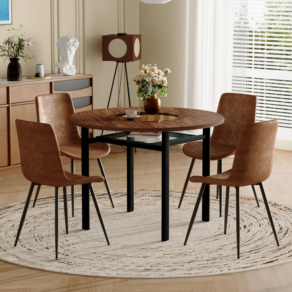 Tavolo da pranzo rotondo con piano in MDF, inserto in vetro e ripiano in vetro, per soggiorno e cucina aperta