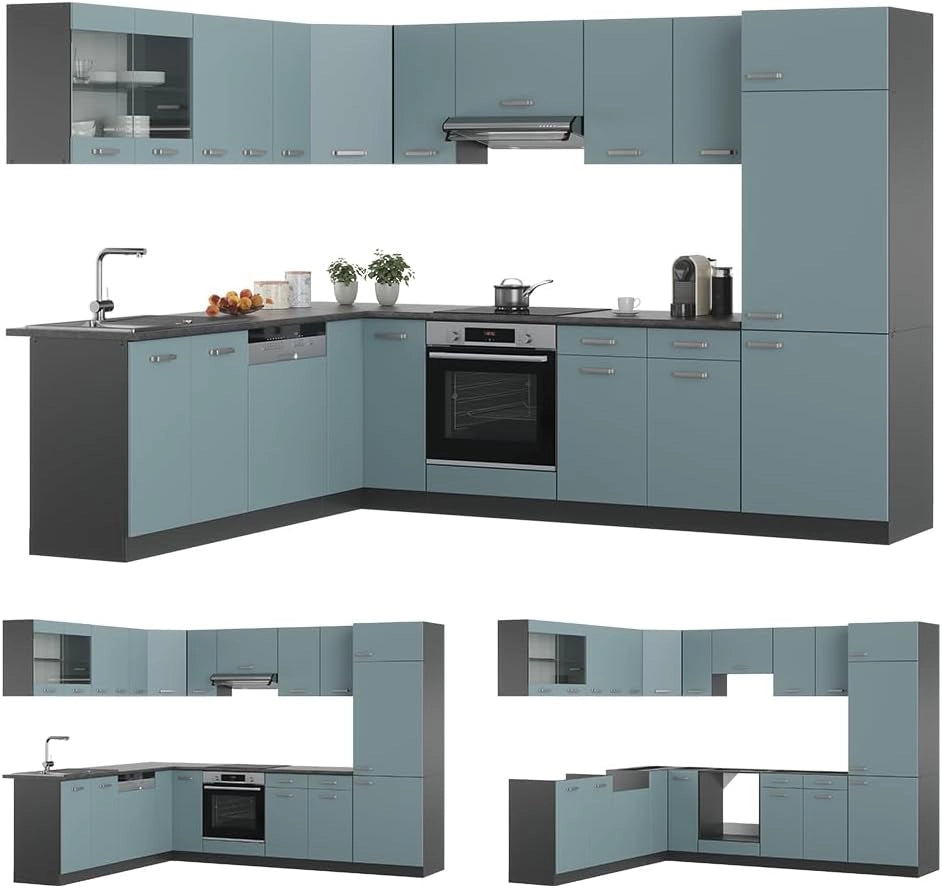 Cucina angolare completa R-Line, Blu-grigio/antracite, 287 x 60 cm, PL Rovere, per l'espansione personalizzata con moduli aggiuntivi compatibili