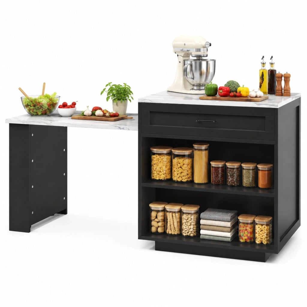 Tavolo bar estensibile nero con contenitore, MDF, ruote bloccabili 98-204 cm