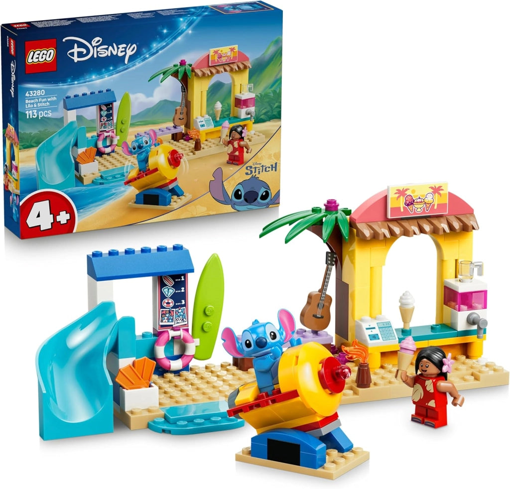 LEGO | Disney Divertimento in Spiaggia con Lilo e Stitch - Giochi Didattici con 2 Negozi, Giostra a Forma di Astronave e