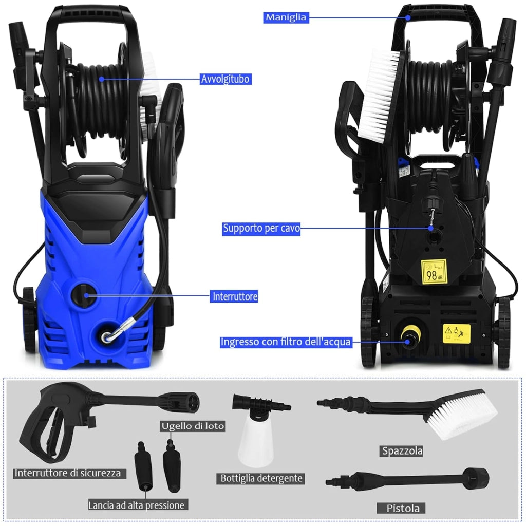 Idropulitrice con 2030 PSI, 5L / Min Idropulitrice Portatile con Ugello Lotus e Ugello ad Alta Pressione, Cavi e Tubi Più lunghi, Adatto per La pulizia di Giardini, Auto,Case(blu)