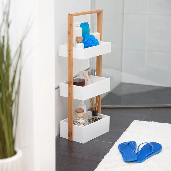 Organizzatore per la bagno con 3 cassetti in bambù e legno - Dimensioni: 76 x 30 x 185 cm bianco/natura