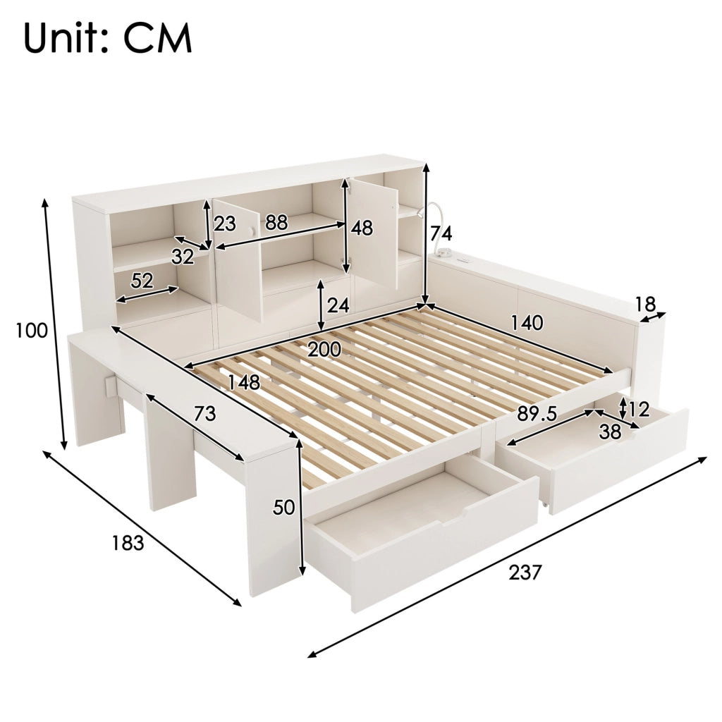 Letto matrimoniale 140x200 cm con cassetti e vano contenitore; bianco; in MDF e compensato