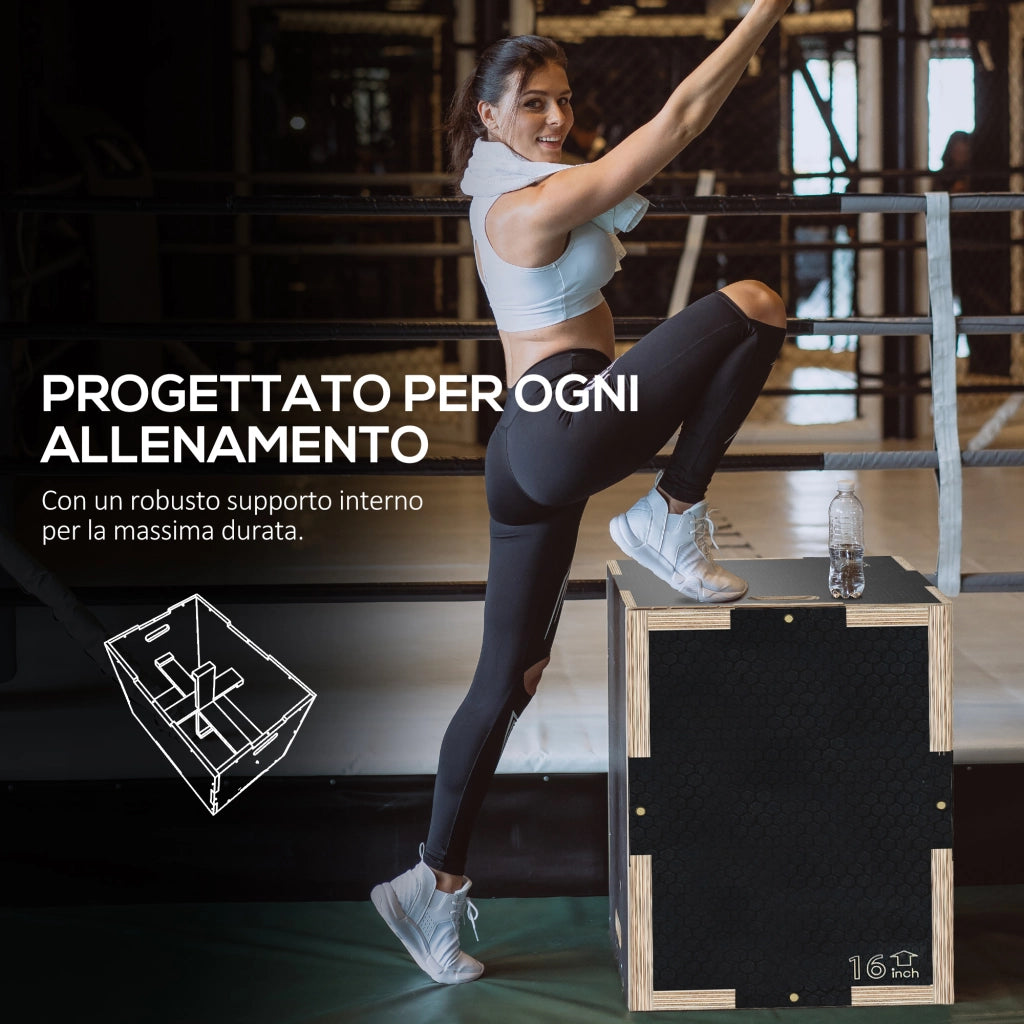 Box Jump Pliometrico a 3 Altezze 41-36-31 cm in Legno Antiscivolo Nero