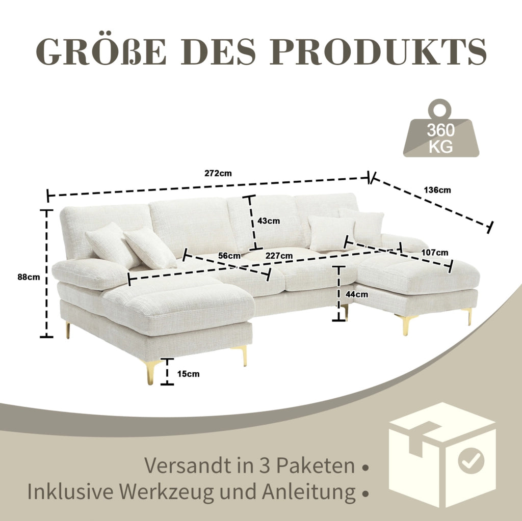Divano a U 272x136x88 cm con due sedute reclinabili in chenille beige