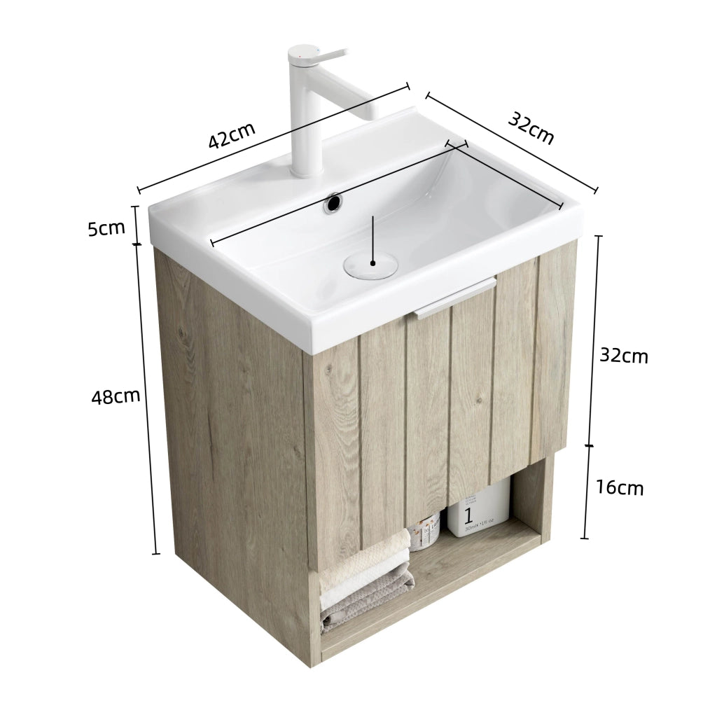 Mobile bagno sospeso con 2 ante e ripiano aperto; lavabo in ceramica bianca; per bagno; 49×39×61 cm; bianco