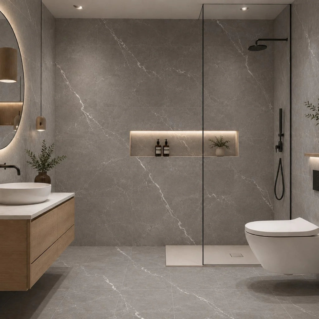 Piastrelle Autoadesive PVC Divina Home Effetto Marmo Grigio, Set 22 Pz per 2 mq, Spessore 0,15 cm, 30,4x30,4 cm - Design Moderno e Versatile