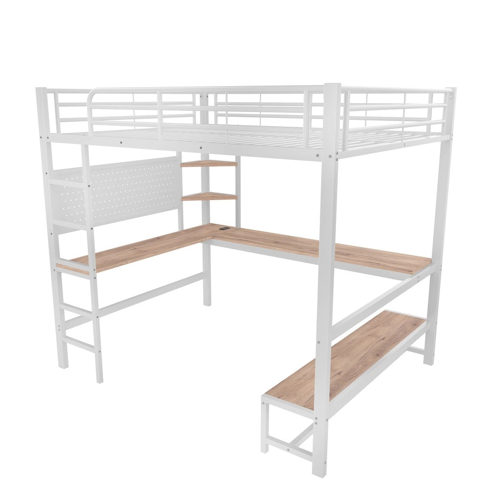 Letto a soppalco con LED e scrivania ¨C Minimal ¨C Bianco metallo 140x200 cm