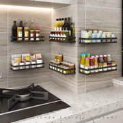 Organizzatore per Spezie a 2 Livelli senza Foratura con 8 Ganci, Placca in Metallo Nero, Adesivo per Aggancio e Rimozione, Ideale per Cucina, Cucina e Bagno, (35cm, Nero Matt)