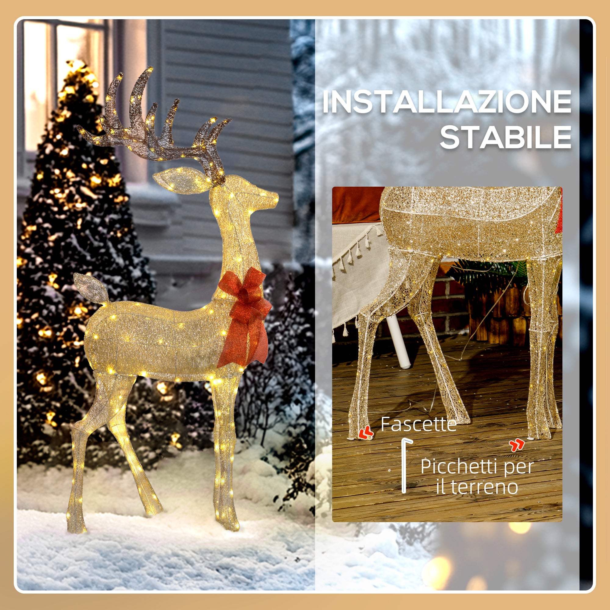 Decorazione Natalizia da Interno ed Esterno 66x25x135 cm a Forma di Renna con 137 Luci LED Oro