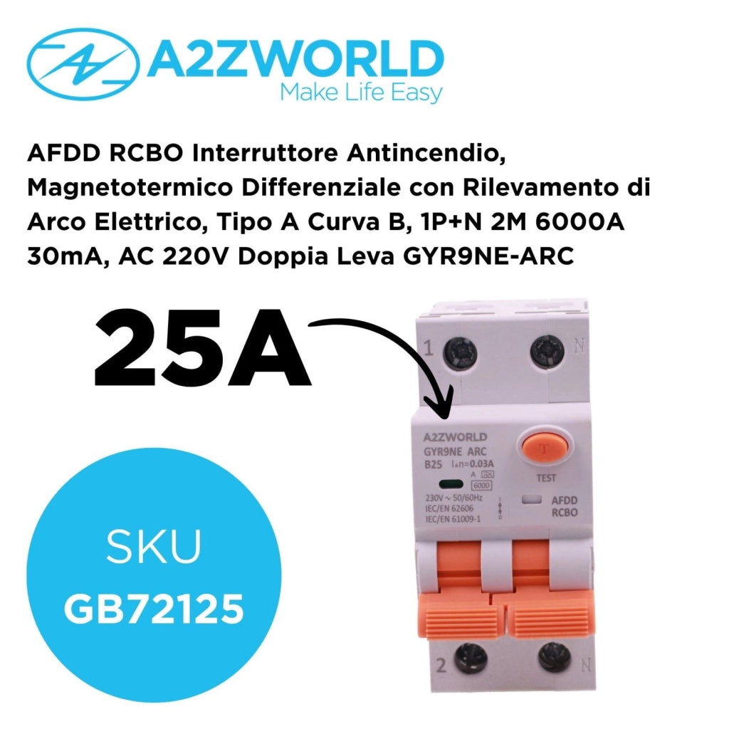 A2ZWORLD AFDD RCBO Interruttore Antincendio, Magnetotermico Differenziale con Rilevamento di Arco Elettrico, Tipo A Curva B, 1P+N 2M 6000A 30mA, AC 220V Doppia Leva GYR9NE-ARC (B25A)