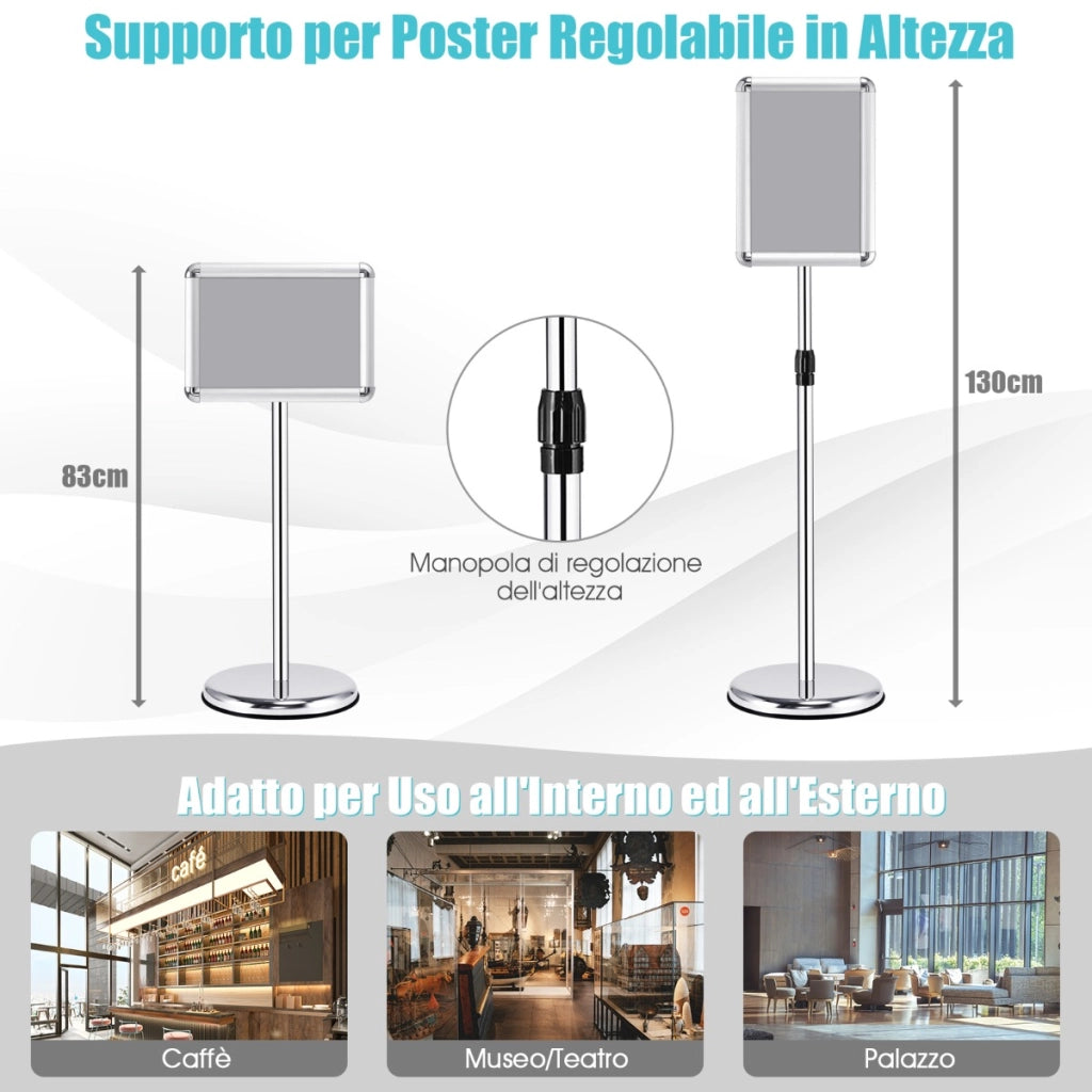 Lavagnetta da pavimento autoportante, Espositore in alluminio girevole con altezza regolabile 83-130cm Argento-Espositore pubblicitario