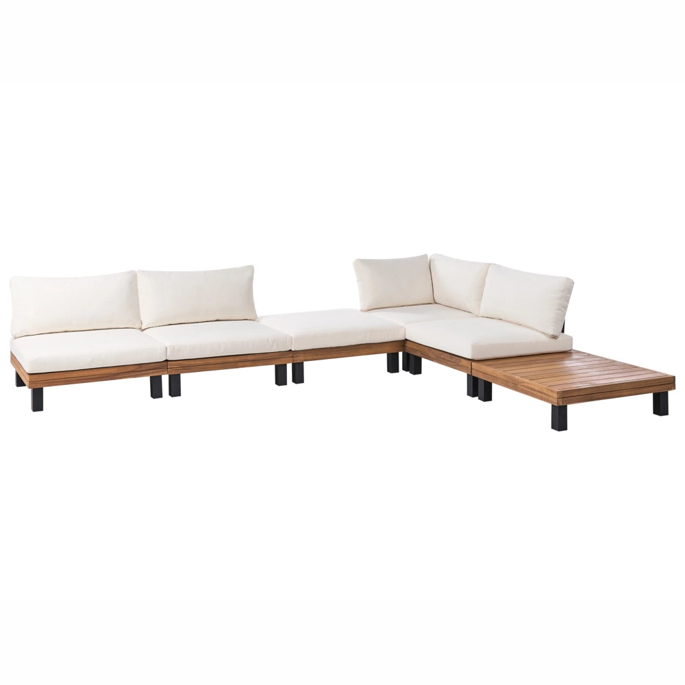 Set divano angolare modulare da giardino Tavolino in legno di acacia certificato con Cuscini in poliestere bianco sporco