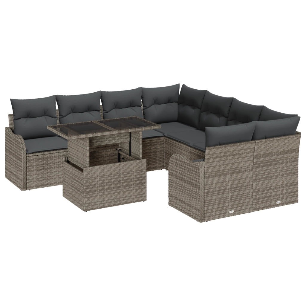 Set di Divani da Giardino in 9 Pezzi con Cuscini Grigio Polyrattan