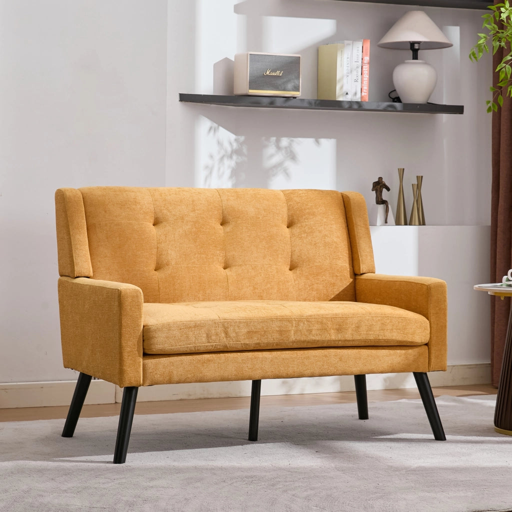 Fauteuil set da 2 con cuscini ad alta densità e tufting, gambe in legno massello giallo per soggiorno e home office