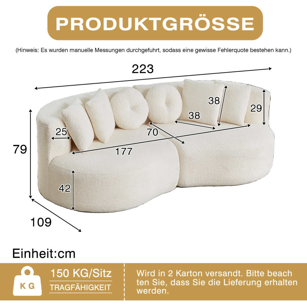 Divano modulare in chenille con schienale continuo e 6 cuscini forma curva a due moduli beige per soggiorno e sala giochi