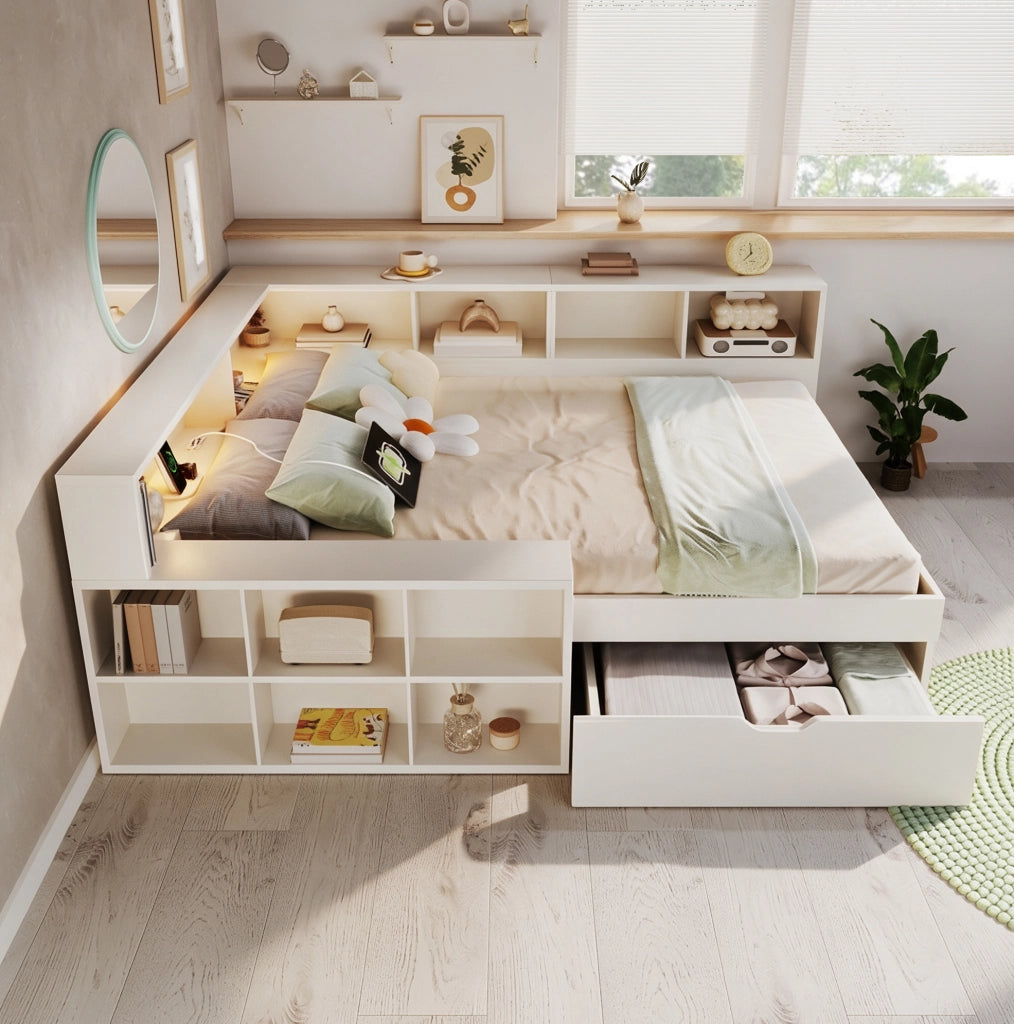 Letto matrimoniale 140x190 cm con cassetti; USB e luci integrate; in truciolare; MDF e compensato; bianco