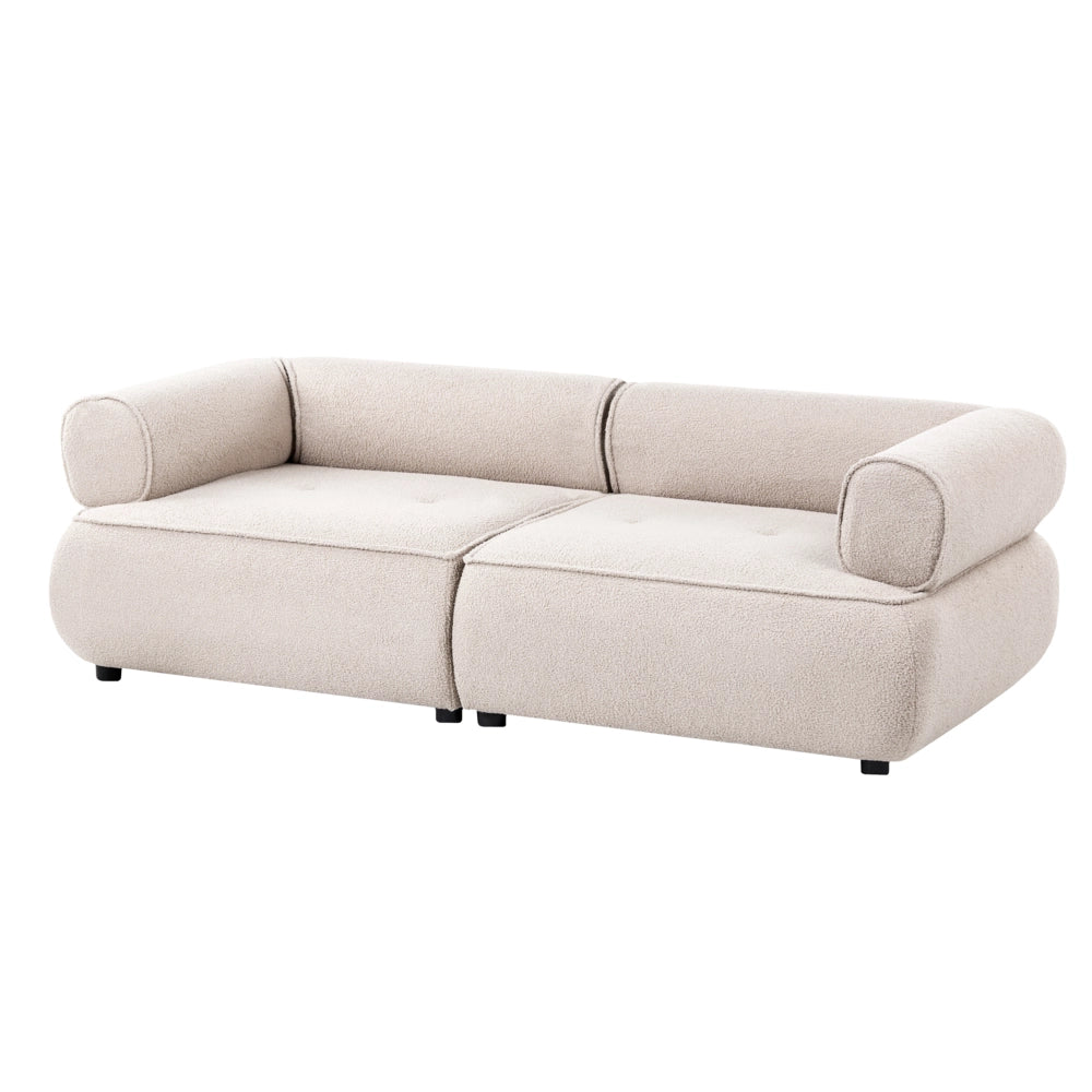 Divano a 3 posti con pouf beige bouclé braccioli arrotondati rivestimento di alta qualità seduta trapuntata con poggiapiedi stile Mid-Century