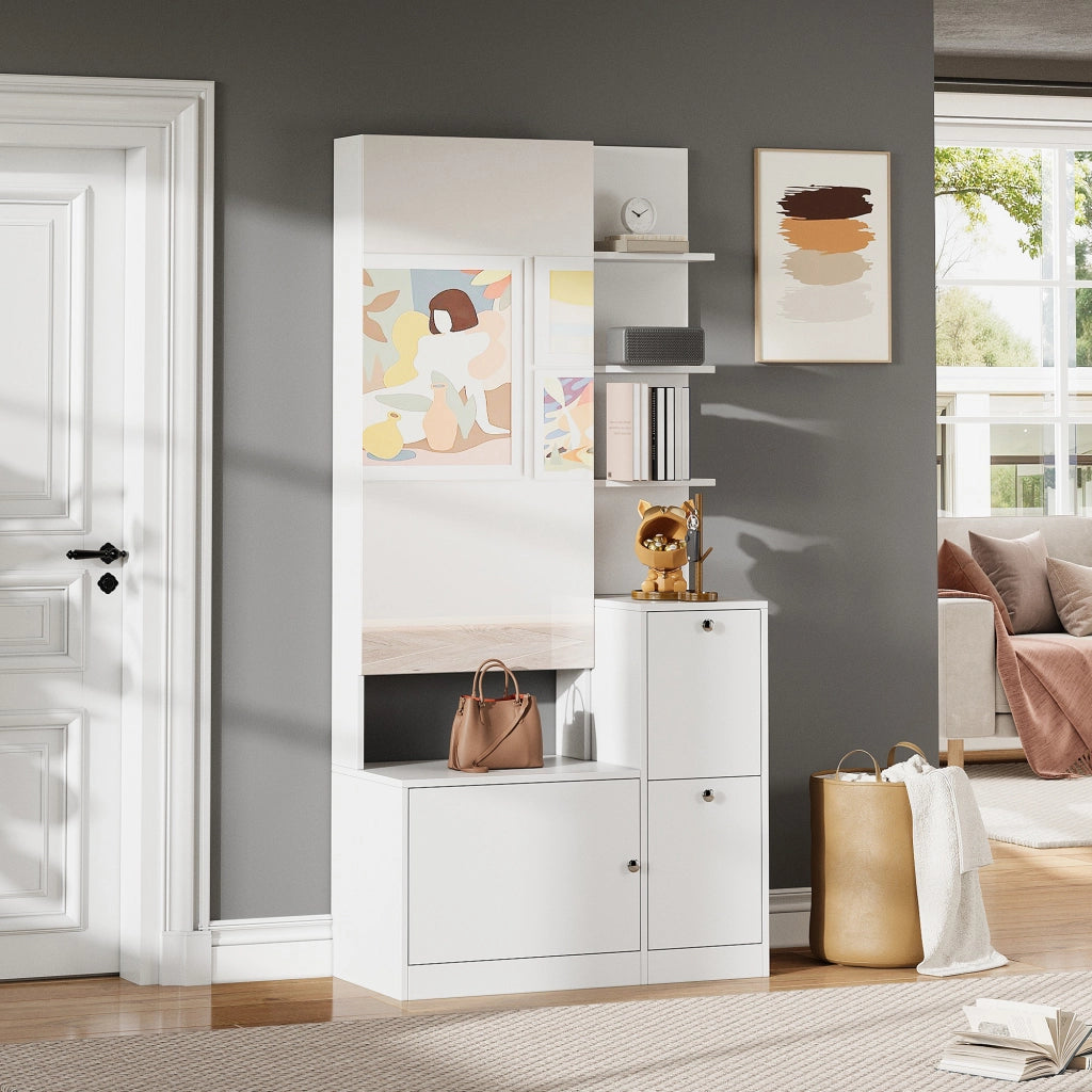 Mobile ingresso con specchio; 2 ante; 5 vani aperti e 2 scarpiere pieghevoli; in truciolare bianco; 85 Ã— 40 Ã— 180 cm