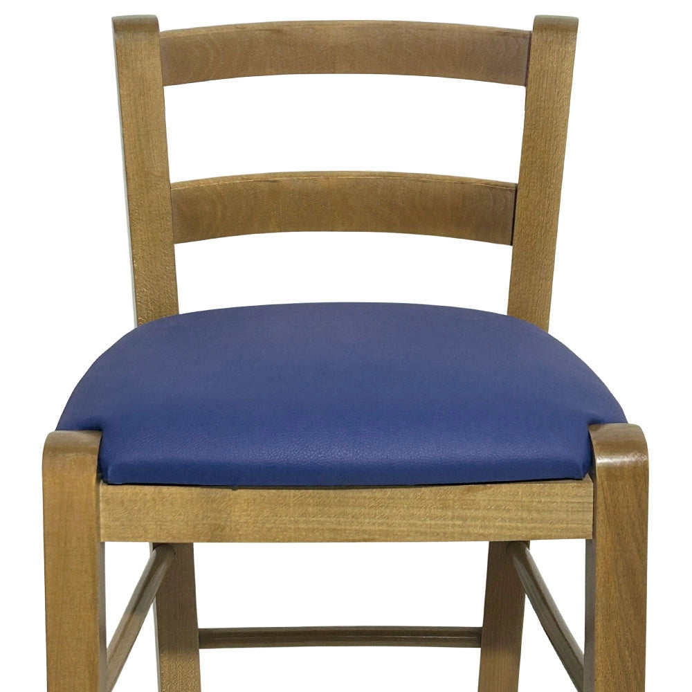 Sgabello in legno noce chiaro con schienale h 66 cm con seduta in similpelle blu
