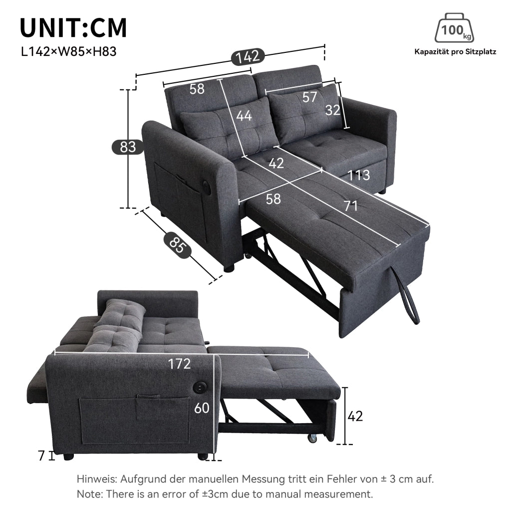 Divano letto 3-in-1 grigio con schienale reclinabile, porte USB e tasche laterali