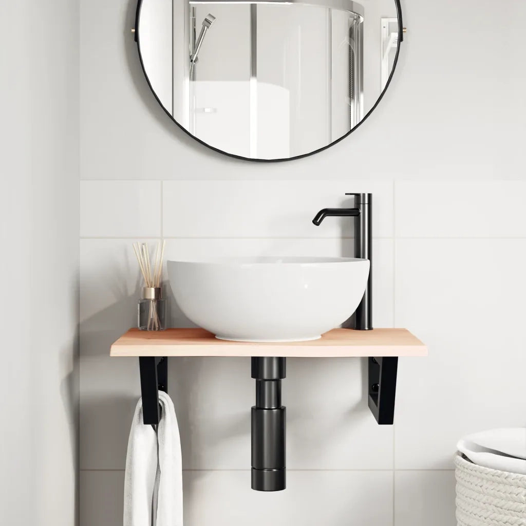Ripiano a Parete per Lavabo in Acciaio e Massello di Rovere