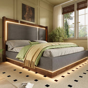 Letto matrimoniale 180x200 cm con contenitore; LED; lino e legno grigio