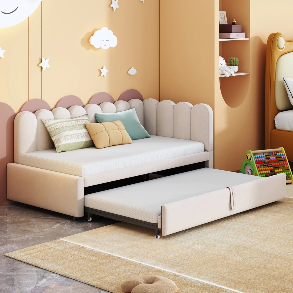 Divano letto L con letto estraibile 90x200 cm; velluto beige