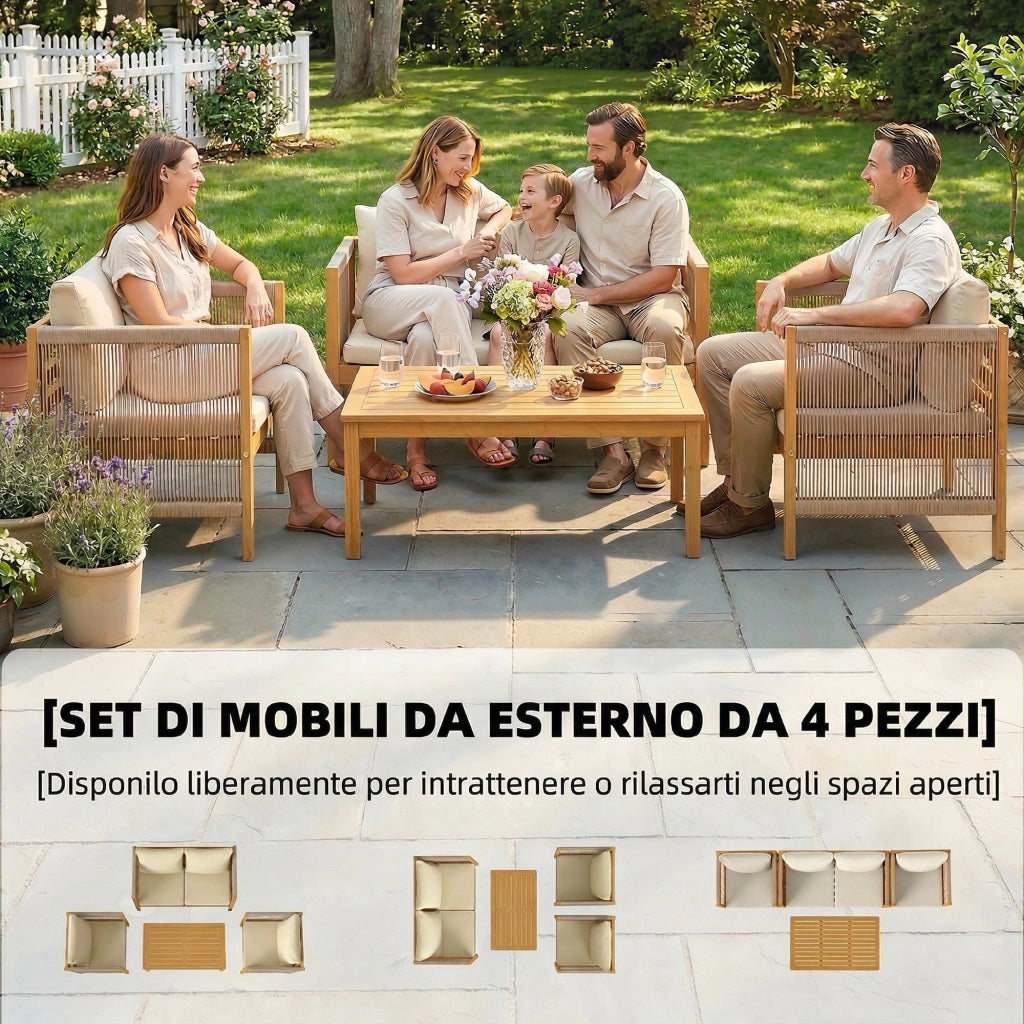 Set da Giardino 4 Pezzi. Legno di Acacia. Patio Conversazione con Cuscini Beige