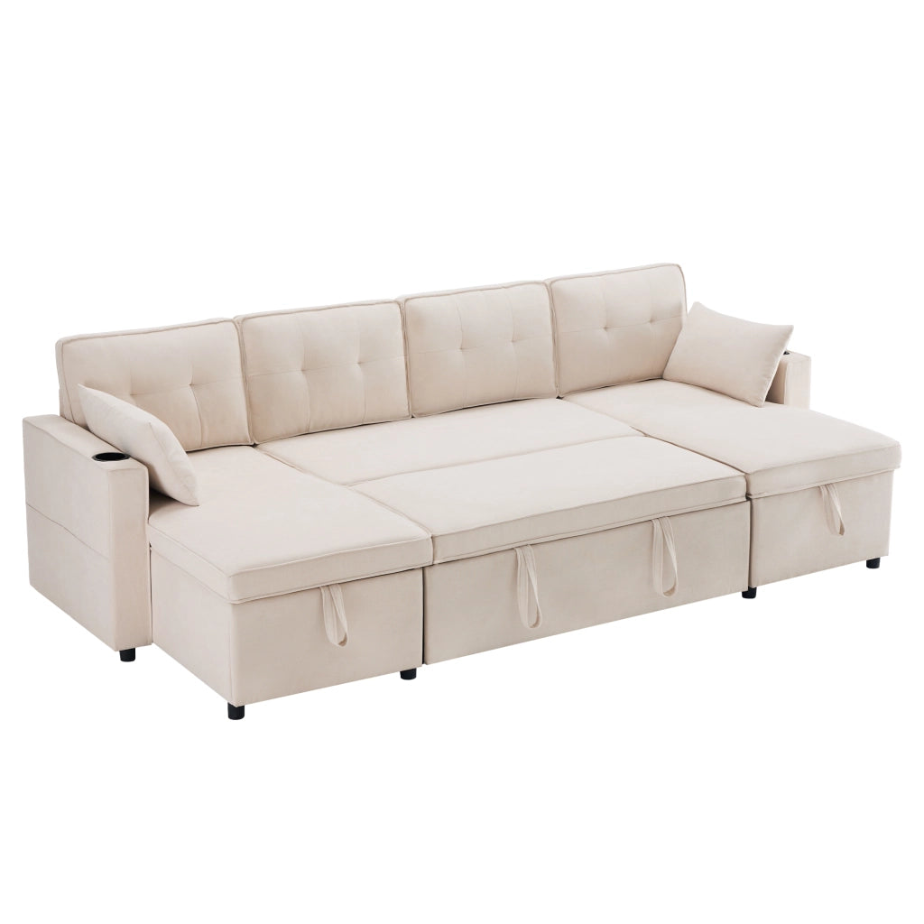 Divano Letto U con Funzione Letto ¨C MINIMAL ¨C Tessuto Cotone Lino, Portabicchieri, Vani Contenitore