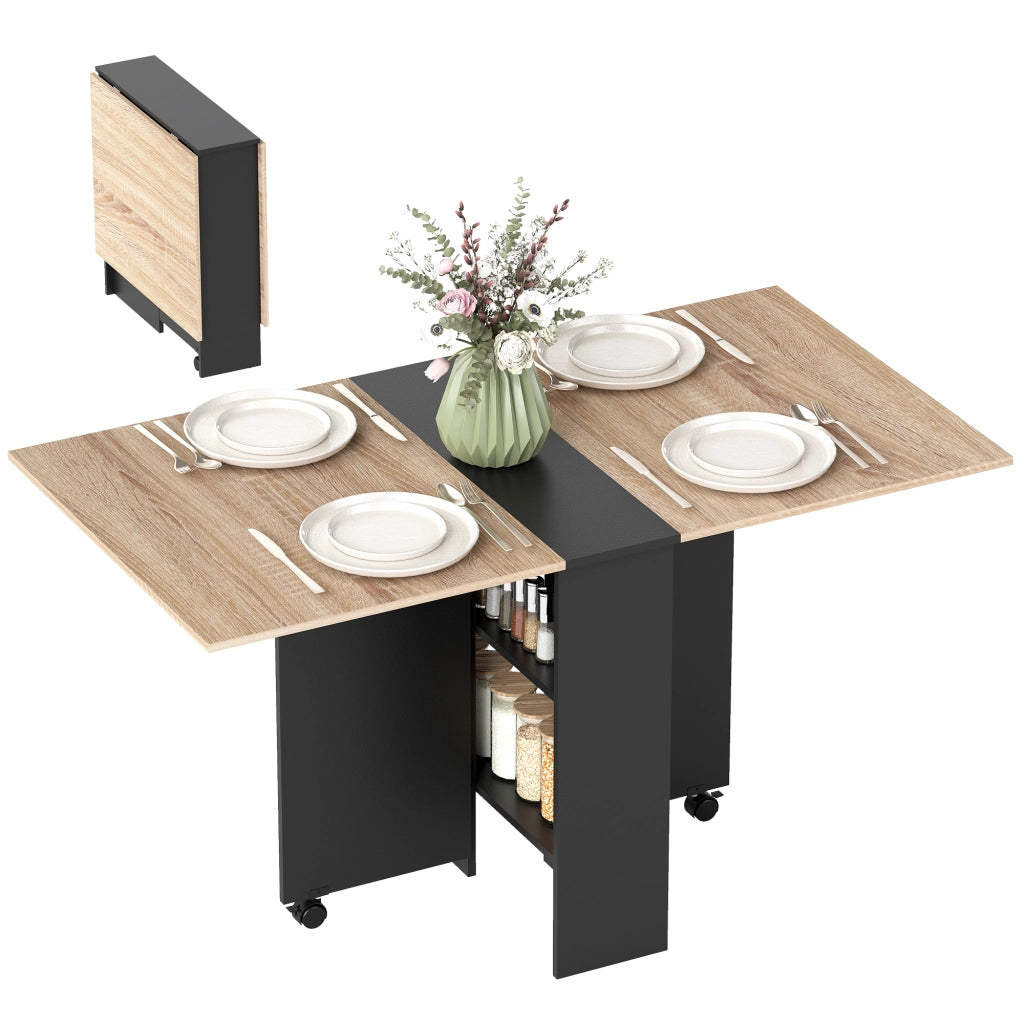 Tavolo da Cucina Pieghevole con Ruote e Ripiani ¨C zephmum ¨C Legno Naturale 75x140x74 cm