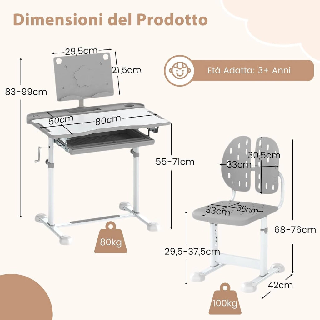 Set di Scrivania e Sedia per Bambini con Altezza Regolabile, Grigio | Banco Scuola con Piano Inclinabile, Supporto per Libri, Barra Poggiapiedi e Sedia Ergonomica per Scuola, Ufficio e Cameretta