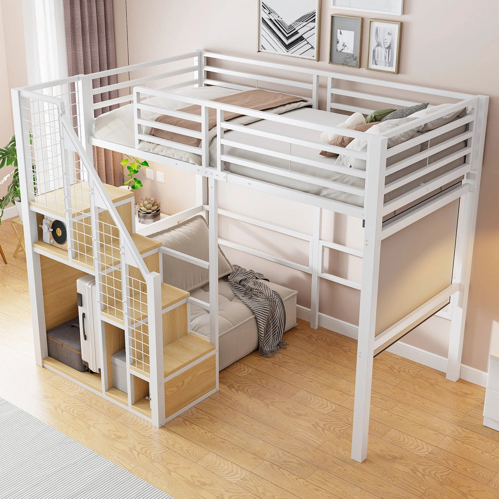 LETTO A CASTELLO 90x200 in metallo bianco con scala e vano inferiore