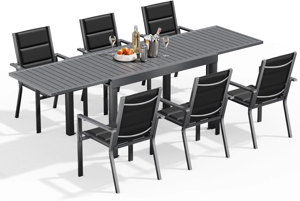 6 Persone Set Tavolo e Sedie Da Giardino In Alluminio, 6 Sedie Impilabili e 1 80-160CM Tavolo Da Giardino Allungabile In Alluminio, Set Da Giardino Esterno, Marrone