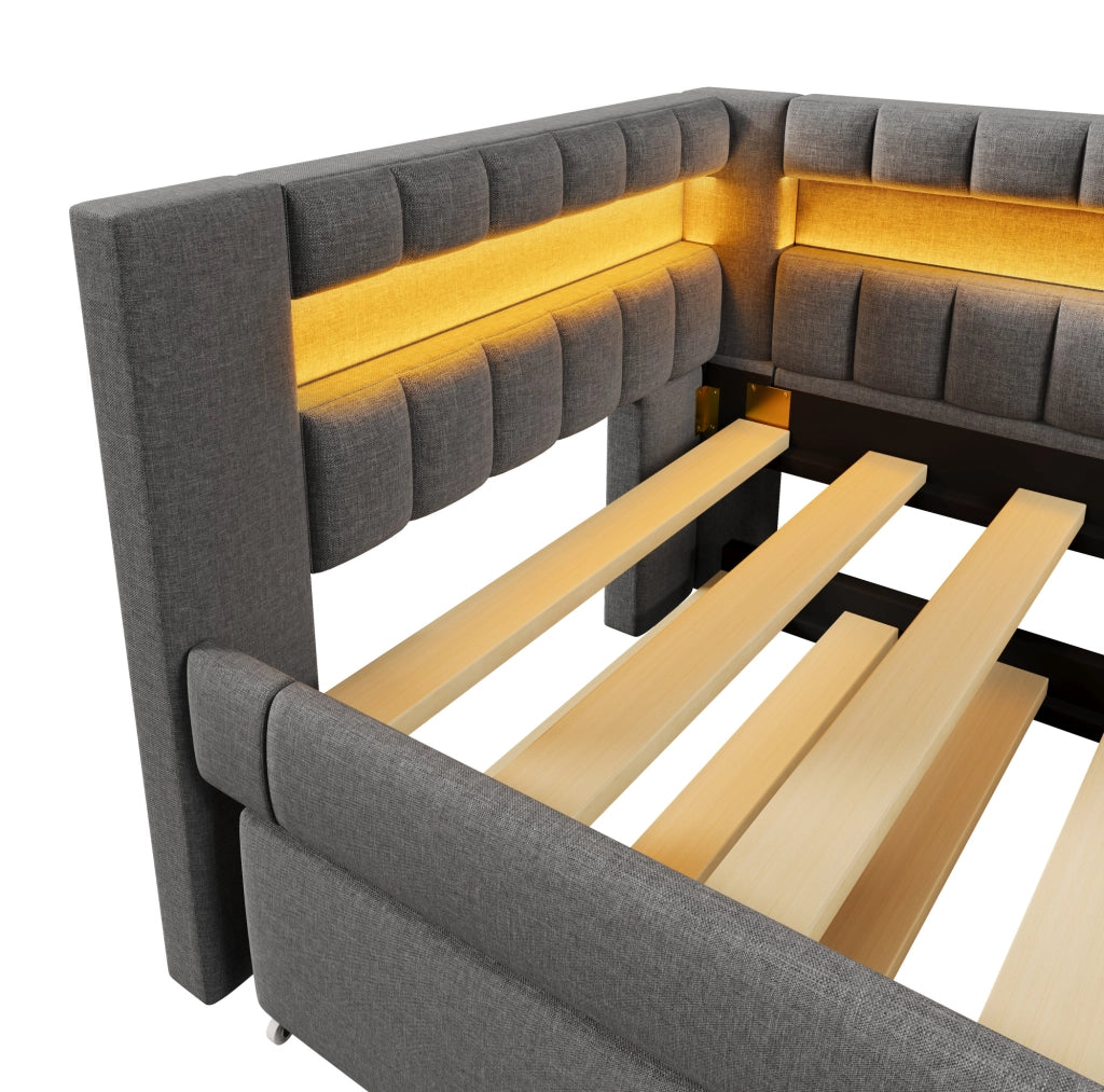 Letto 90x200 cm con letto estraibile; LED e USB Type-C in lino grigio