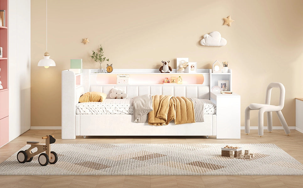 Divano Letto Imbottito Bianco 90x200 cm con Letto Estraibile 180x200 cm, USB, LED e Scrivania Integrata