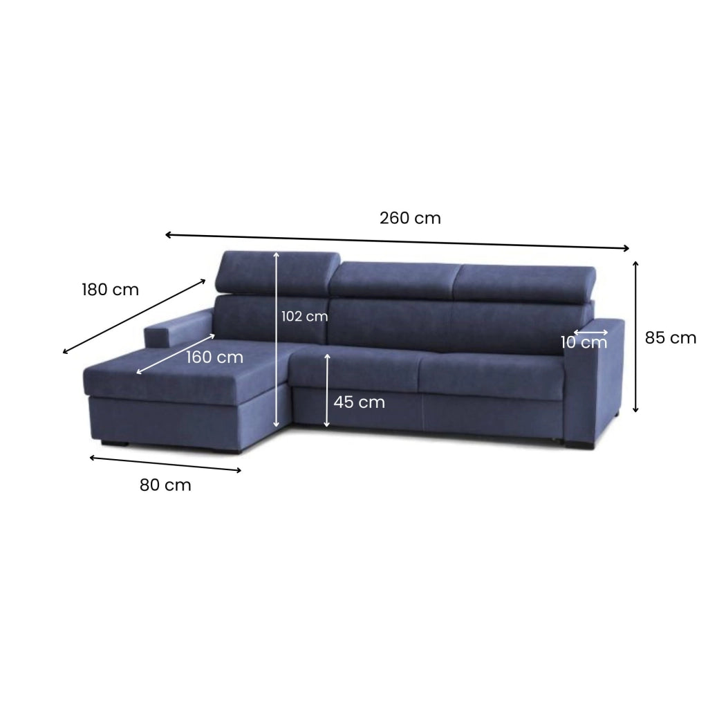 Divano fisso Aryaly, Divano ad angolo, Made in Italy, SofÒ  Soggiorno con chaise longue, in tessuto imbottito - Penisola contenitore Sinistra, con Braccioli slim, cm 260x95h85, Blu