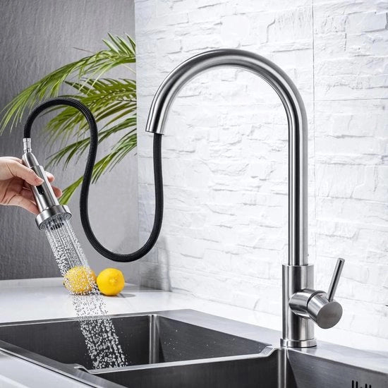 Cranio da cucina con 2 tipi di getto a spruzzo, miscelatore da cucina a 360° girevole in acciaio inox liscio, per vano cucina