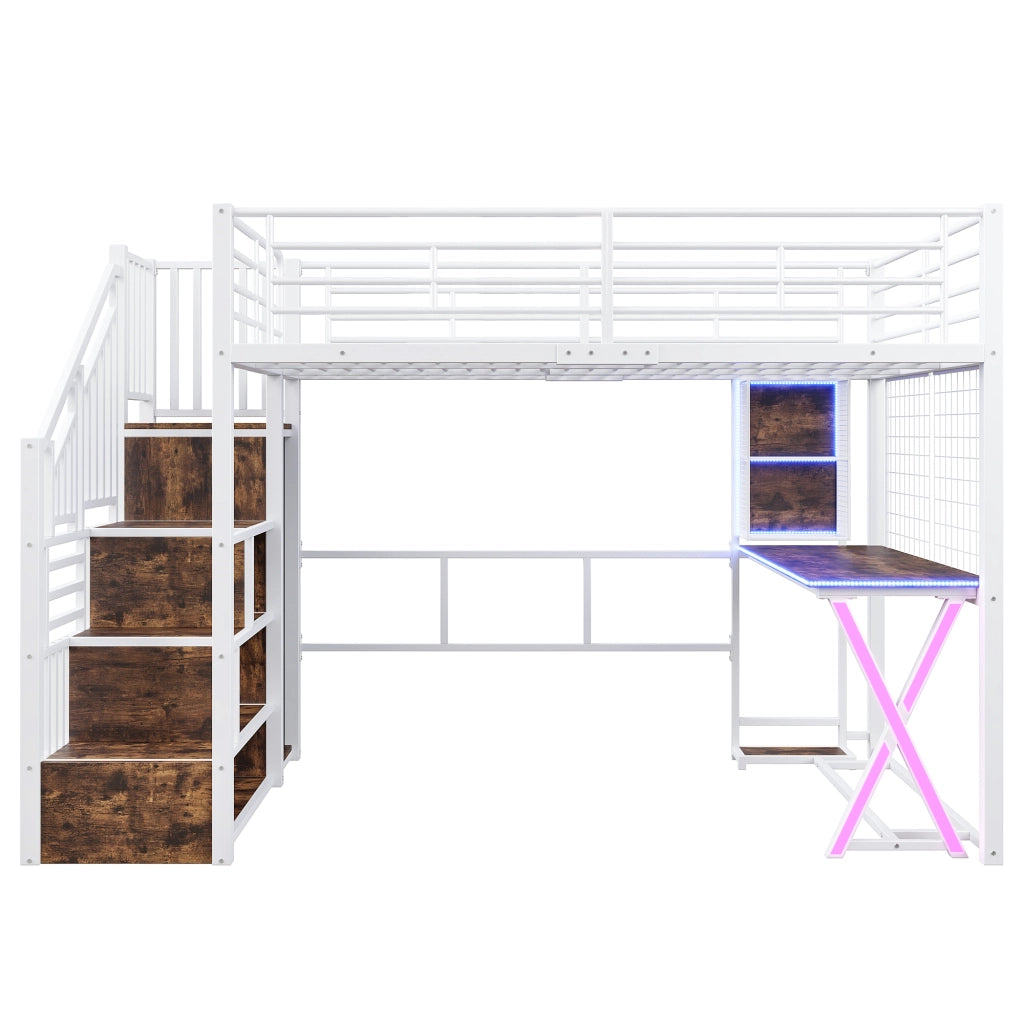 Letto a soppalco 140x200 cm con scrivania; armadio; scala contenitore e LED; in metallo e MDF; bianco