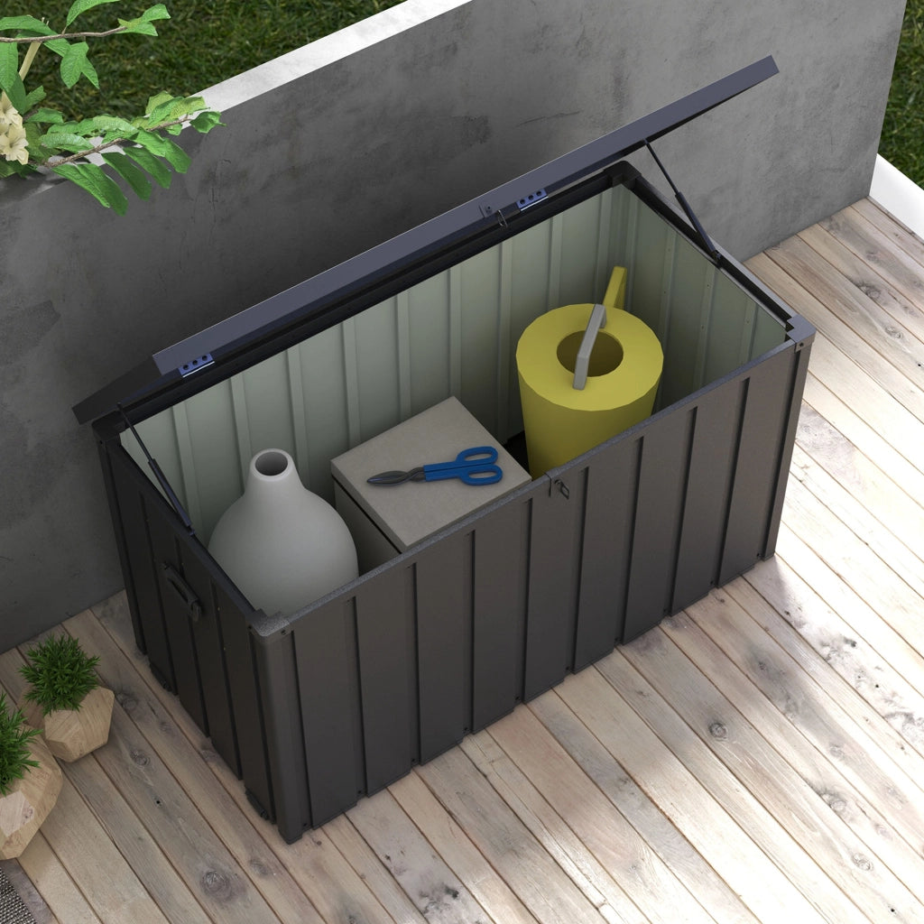 Coffre da giardino in metallo 450L con cerniere a gas e ruote ¨C zephmum ¨C 125,5x61,5x70 cm