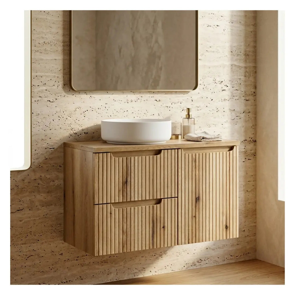 Set da bagno VANO in rovere chiaro 90cm: mobile sottolavabo con cassetti e cesto della biancheria integrato + piano per lavabo