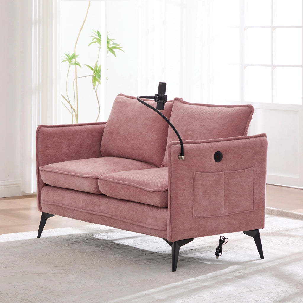 OKWISH Divano 2 Posti con Supporto Regolabile per Telefono e Tasche Laterali, Ciniglia Rosa, 127 x 69 x 66 cm