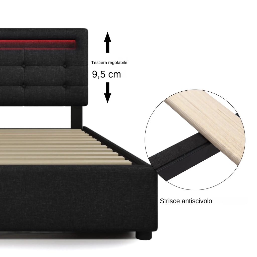 Letto singolo imbottito 90x200 cm con LED; 2 cassetti; testiera regolabile e rete a doghe; nero