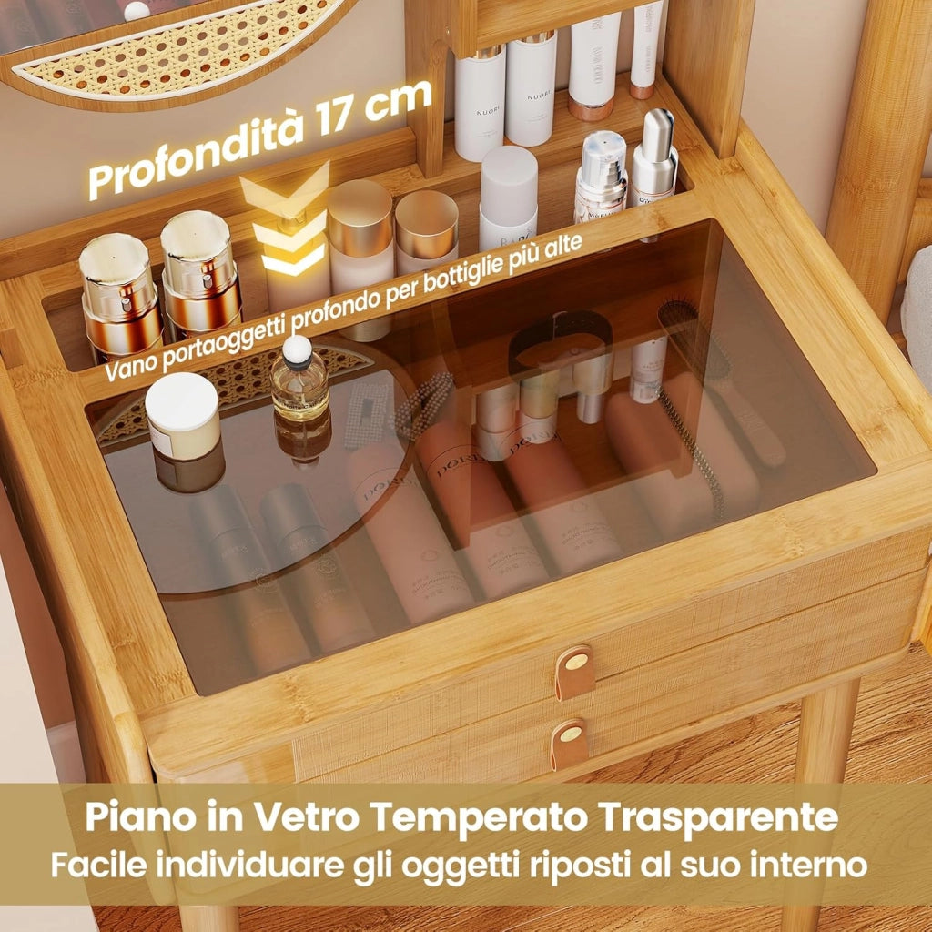 Toeletta da Trucco con Specchio Girevole, Tavolo da Toeletta con 2 Cassetti, Ripiani Aperto, Piano in Vetro, Consolle Trucco in Bambù per Camera da Letto, Soggiorno (1, Senza Sgabello)