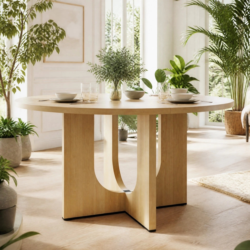 Tavolo rotondo da pranzo 120 cm, stile scandinavo, colore rovere, per 4-6 persone
