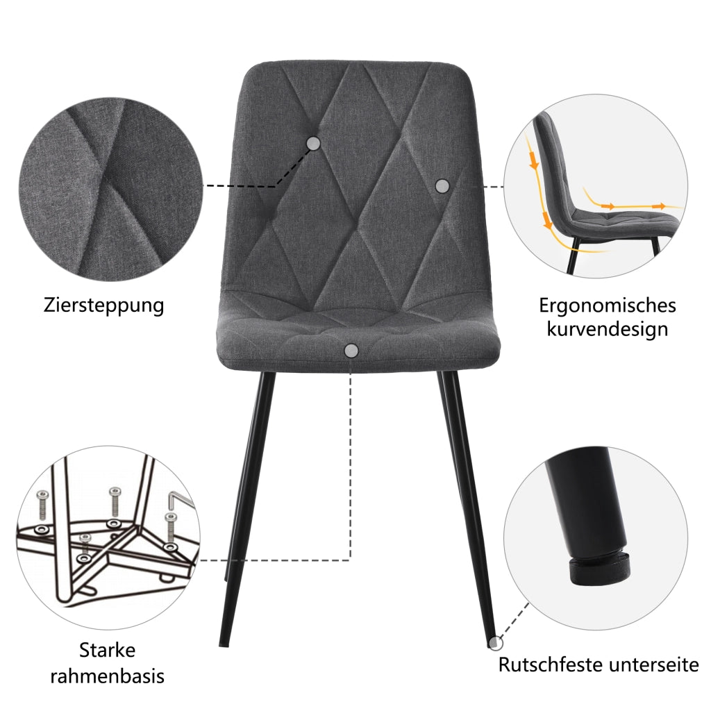Tavolo da pranzo con 4 sedie in MDF con piano effetto marmo e gambe in metallo nero per sala da pranzo