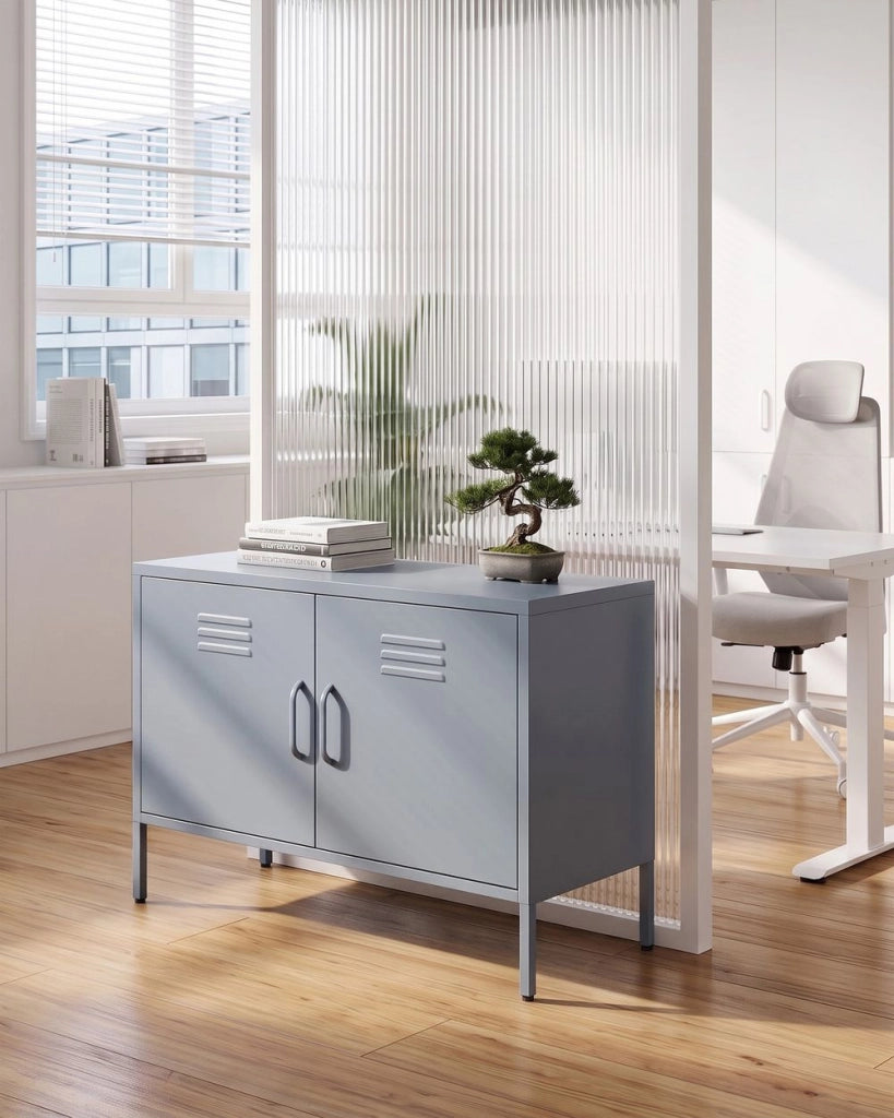 Credenza a 2 ante in acciaio grigio Home Office Mobili Ripiani Tappi per gambe Design industriale