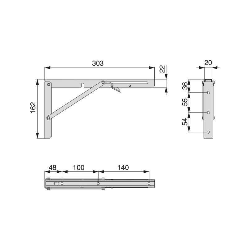 Set di supporti pieghevoli, lunghezza 303 mm, Acciaio, Verniciato nero